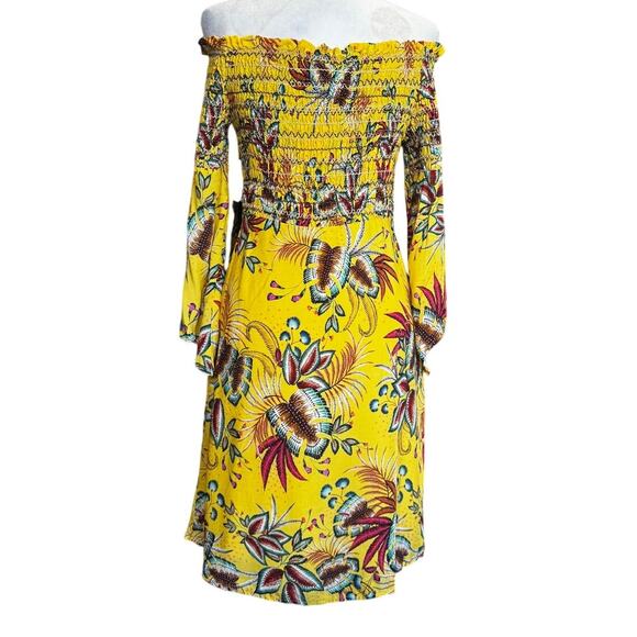 Farm Rio Anthro Bria Smocked Off the Shoulder Yellow Tropical Floral Dress (Med) - Picture 4 of 6